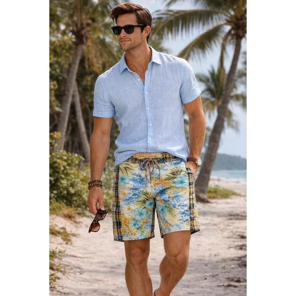 Robert Graham Swim Trunks 38 Patchwork Hawaiian Floral Plaid Surf‎ Beach Shorts